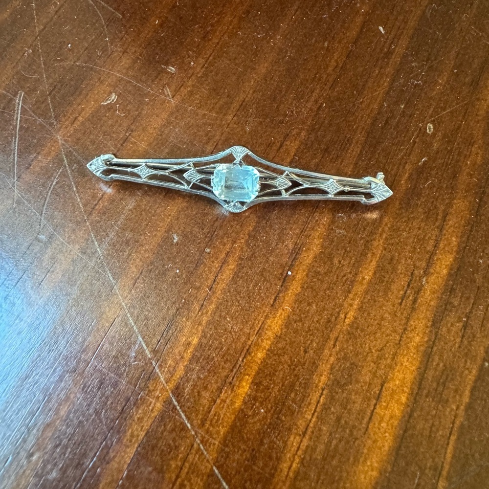 Vintage Art Deco Sterling Silver Aqua Blue Glass Filigree Brooch - Picture 6 of 9